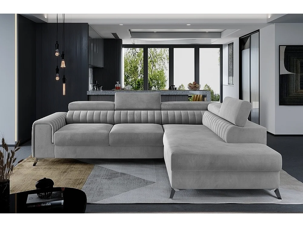 Canapé d'angle convertible - LARRY VELOURS - en tissu Luxe, 5 places, gris , angle droit (vu de face)