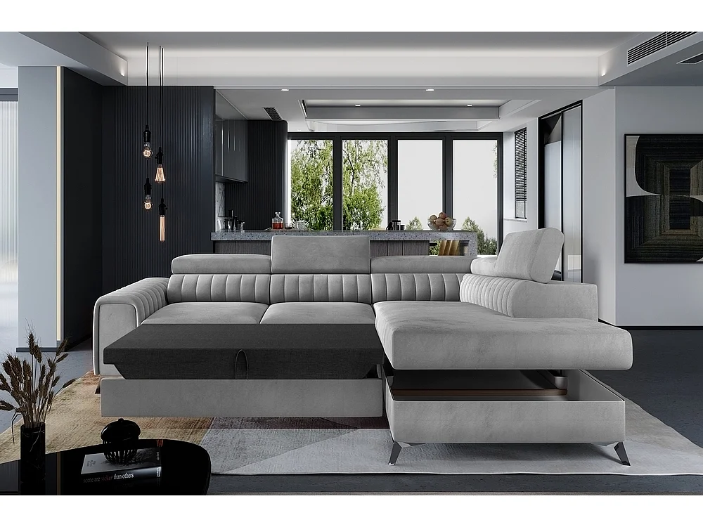 Canapé d'angle convertible - LARRY VELOURS - en tissu Luxe, 5 places, gris , angle droit (vu de face)