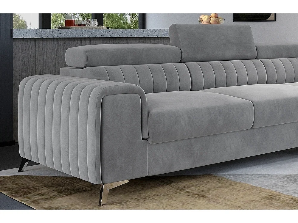 Canapé d'angle convertible - LARRY VELOURS - en tissu Luxe, 5 places, gris , angle droit (vu de face)
