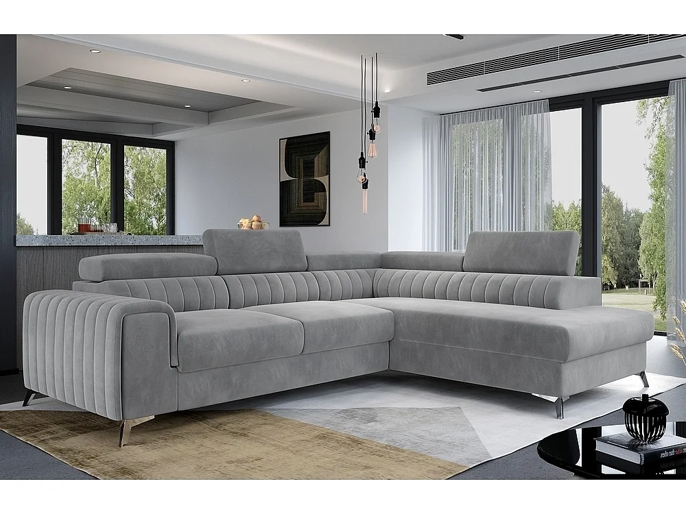 Canapé d'angle convertible - LARRY VELOURS - en tissu Luxe, 5 places, gris , angle droit (vu de face)