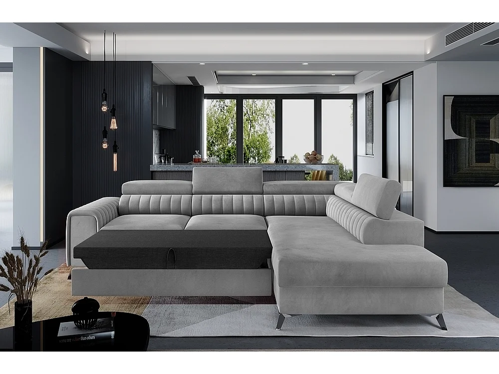 Canapé d'angle convertible - LARRY VELOURS - en tissu Luxe, 5 places, gris , angle droit (vu de face)