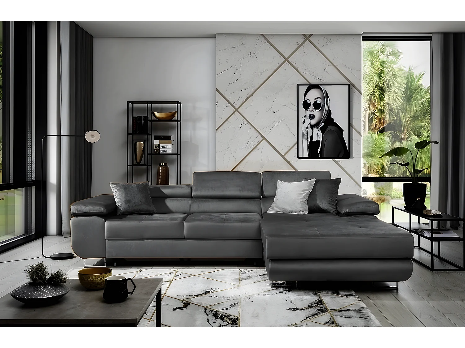 Canapé d'angle convertible ARMEL en tissu  velours luxe 5 places, gris anthracite, avec coffre, angle droit (vu de face)