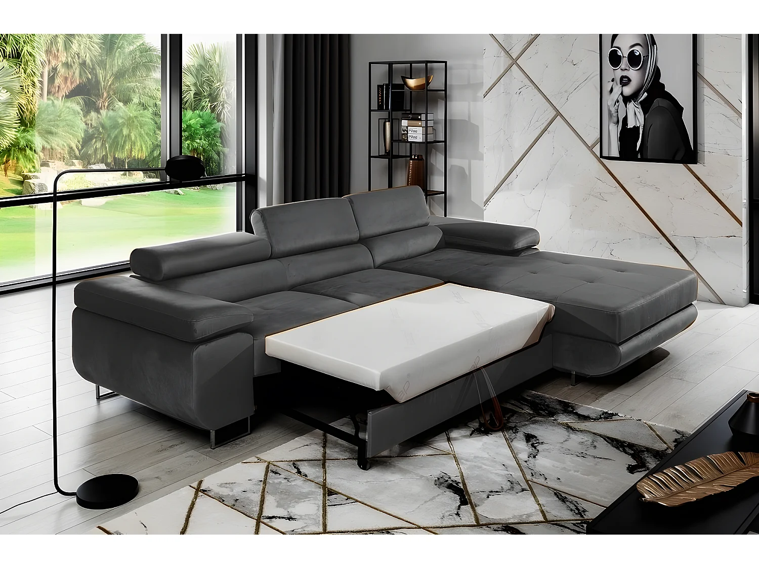 Canapé d'angle convertible ARMEL en tissu  velours luxe 5 places, gris anthracite, avec coffre, angle droit (vu de face)