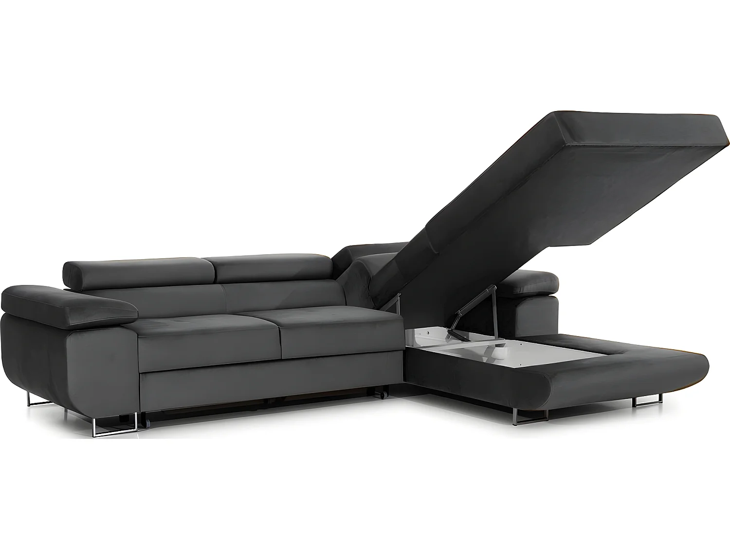 Canapé d'angle convertible ARMEL en tissu  velours luxe 5 places, gris anthracite, avec coffre, angle droit (vu de face)