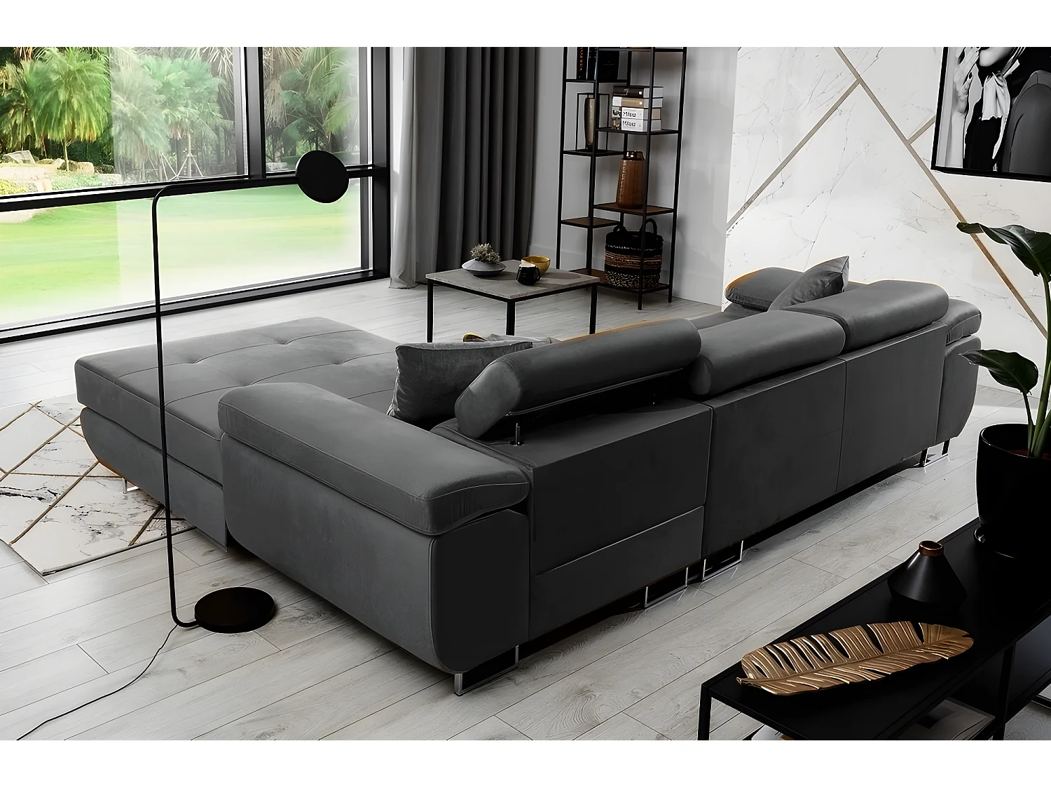 Canapé d'angle convertible ARMEL en tissu  velours luxe 5 places, gris anthracite, avec coffre, angle droit (vu de face)