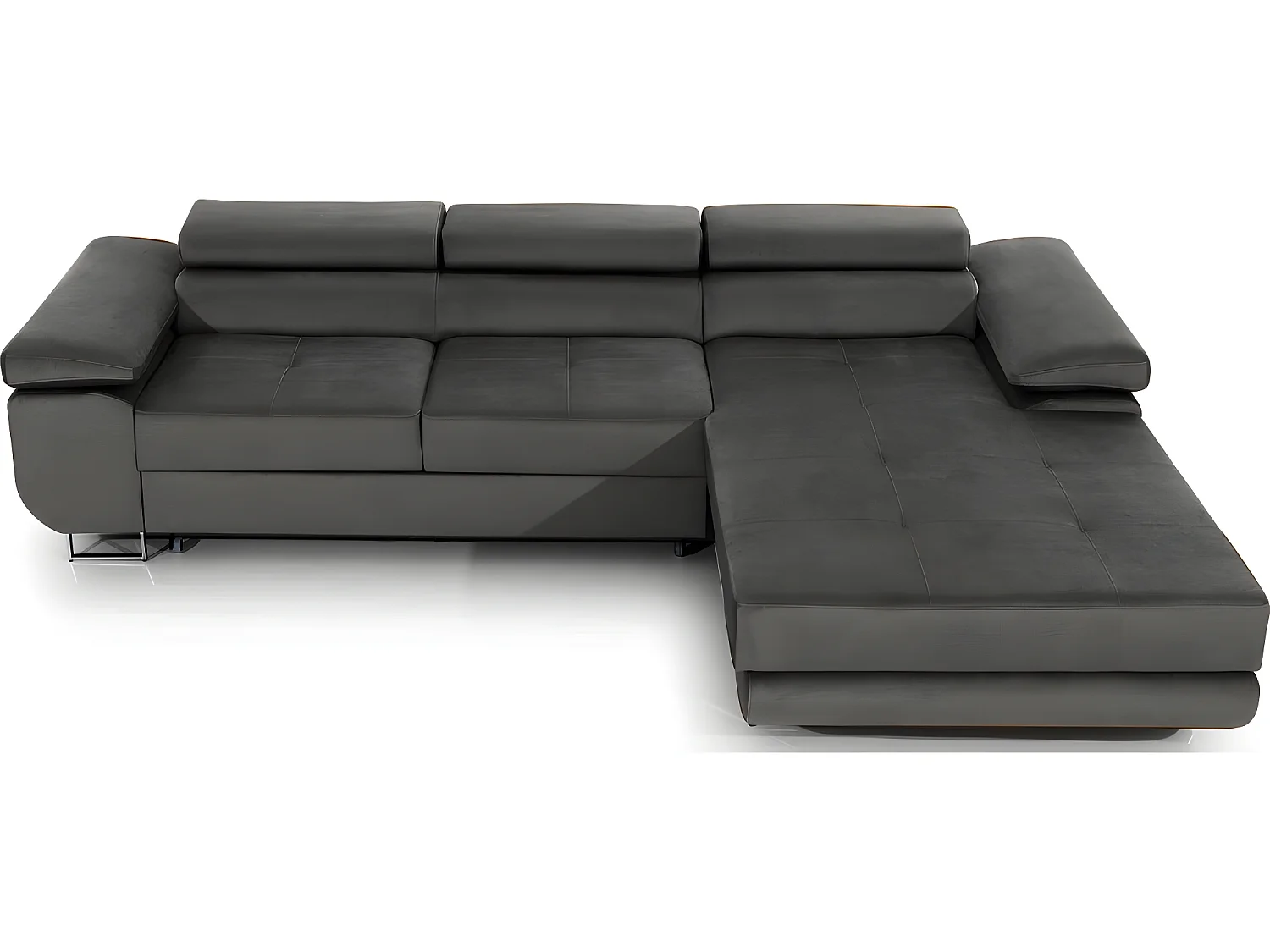 Canapé d'angle convertible ARMEL en tissu  velours luxe 5 places, gris anthracite, avec coffre, angle droit (vu de face)
