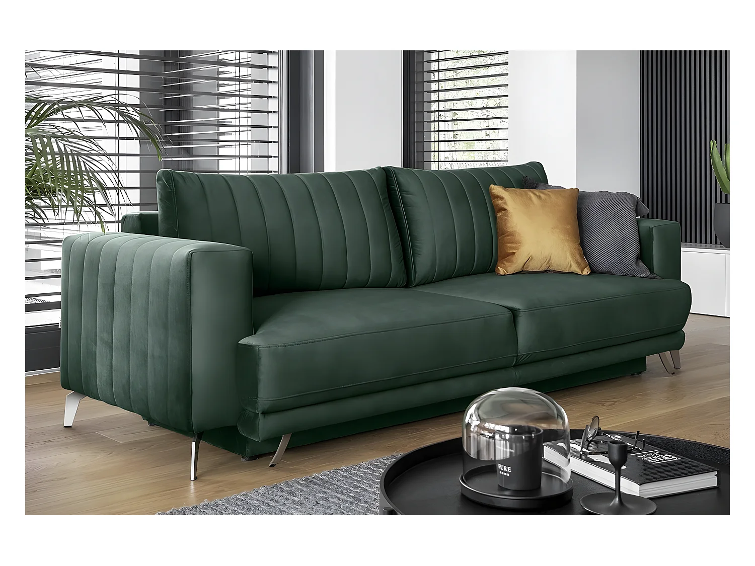 Canapé 3/4 places convertible et espace de rangement - vert foncé - en tissu de qualité luxe, ELSA