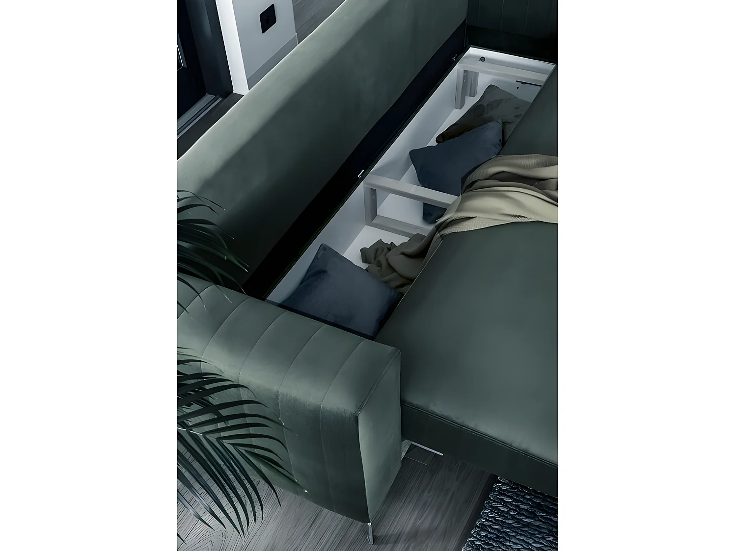 Canapé 3/4 places convertible et espace de rangement - vert foncé - en tissu de qualité luxe, ELSA