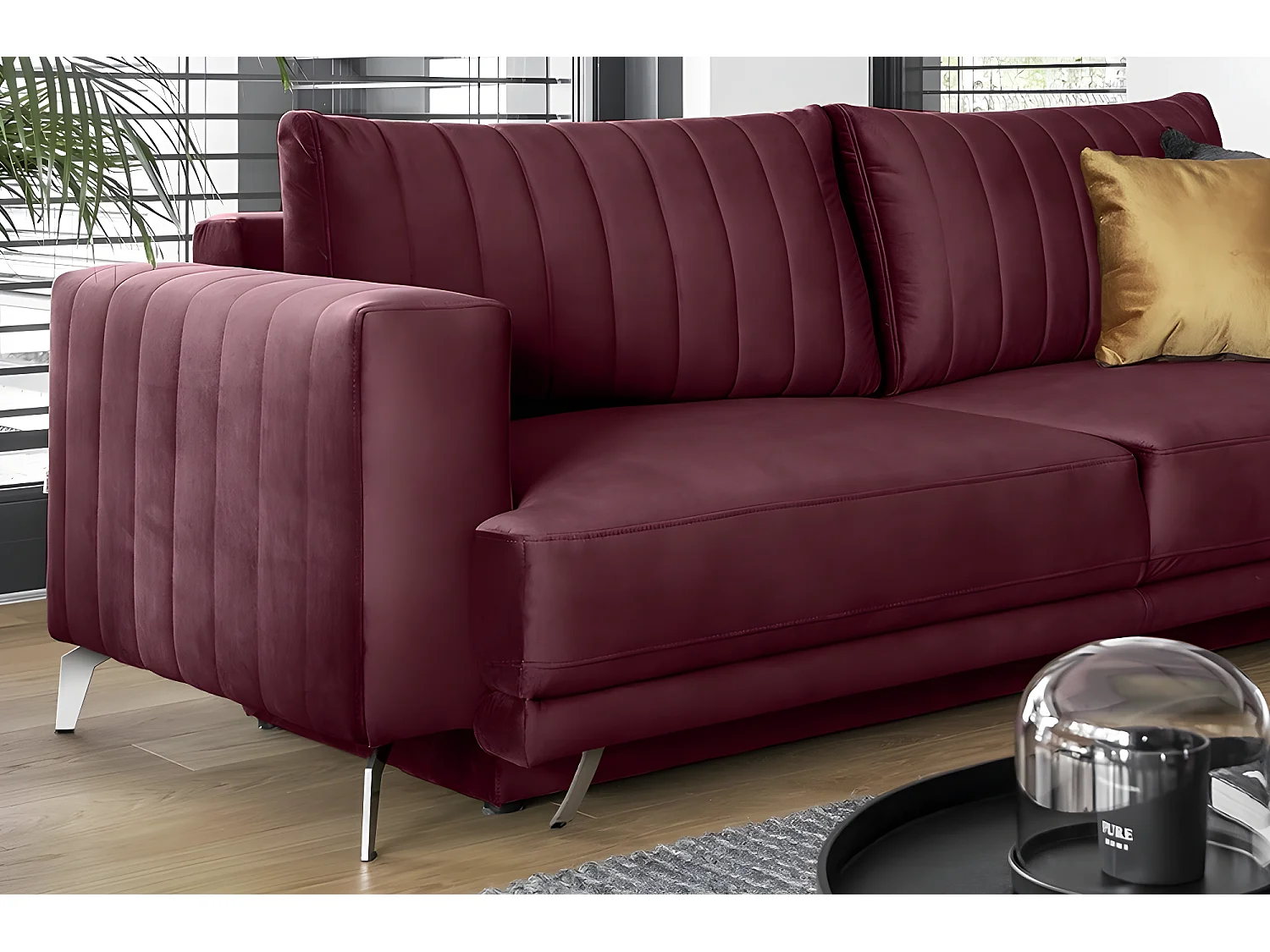 Canapé 3/4 places convertible et espace de rangement - bordeaux - en tissu de qualité luxe, ELSA