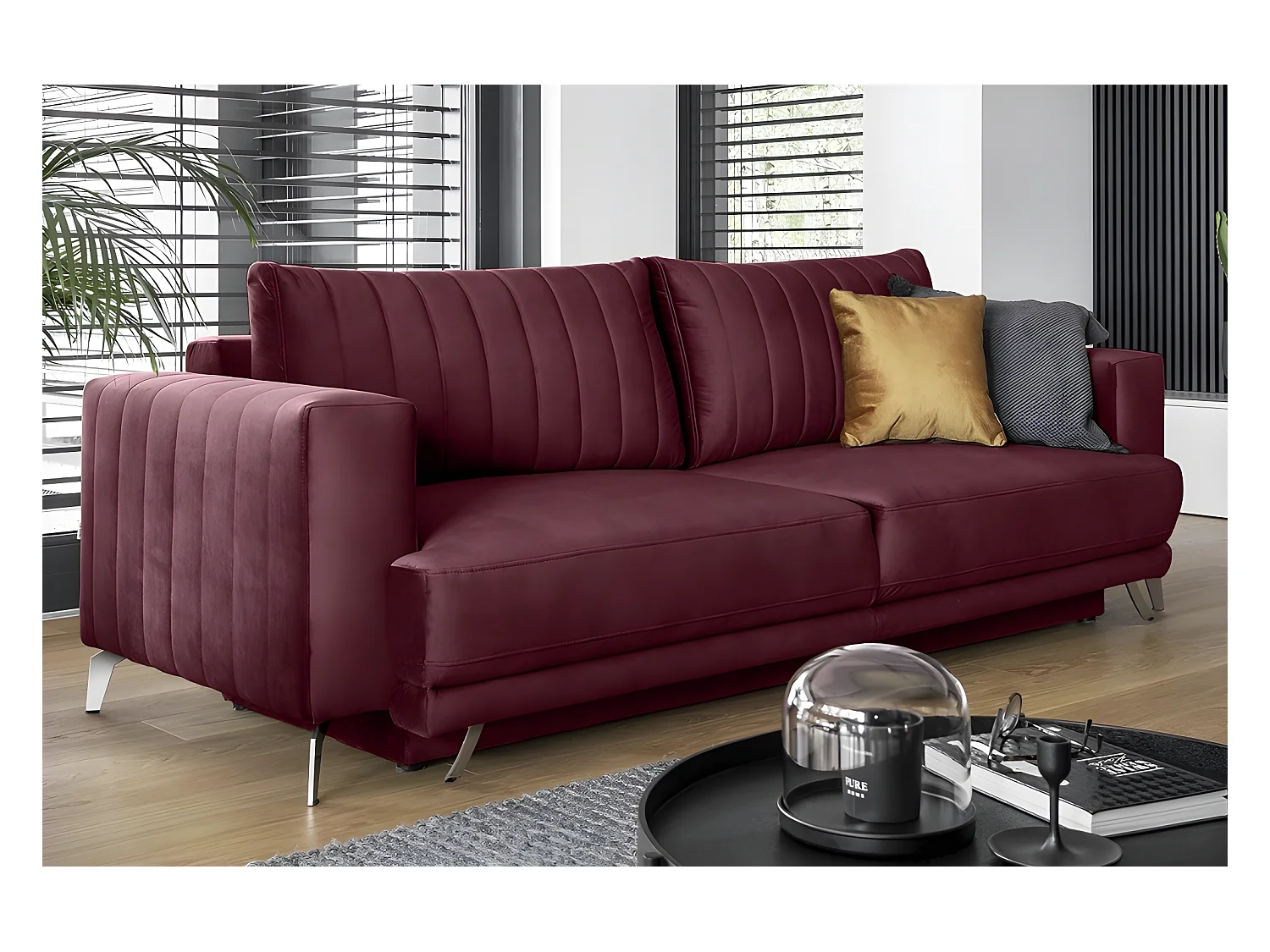 Canapé 3/4 places convertible et espace de rangement - bordeaux - en tissu de qualité luxe, ELSA