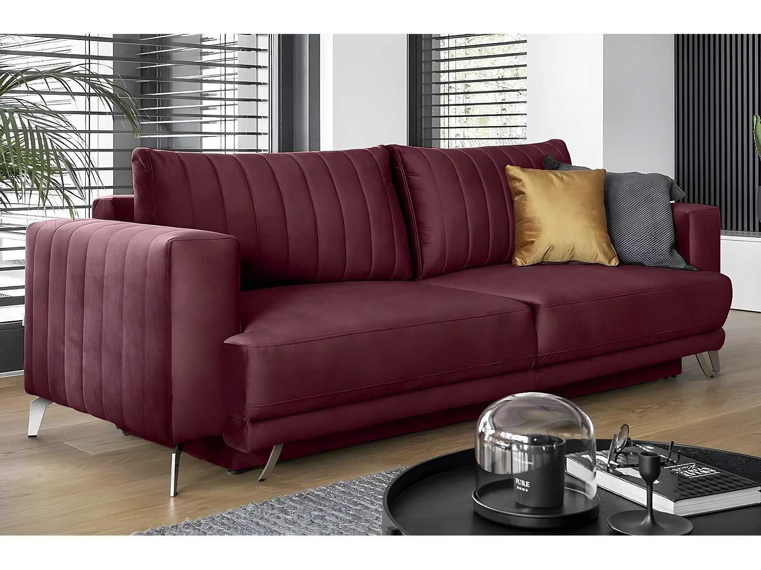 Canapé 3/4 places convertible et espace de rangement - bordeaux - en tissu de qualité luxe, ELSA