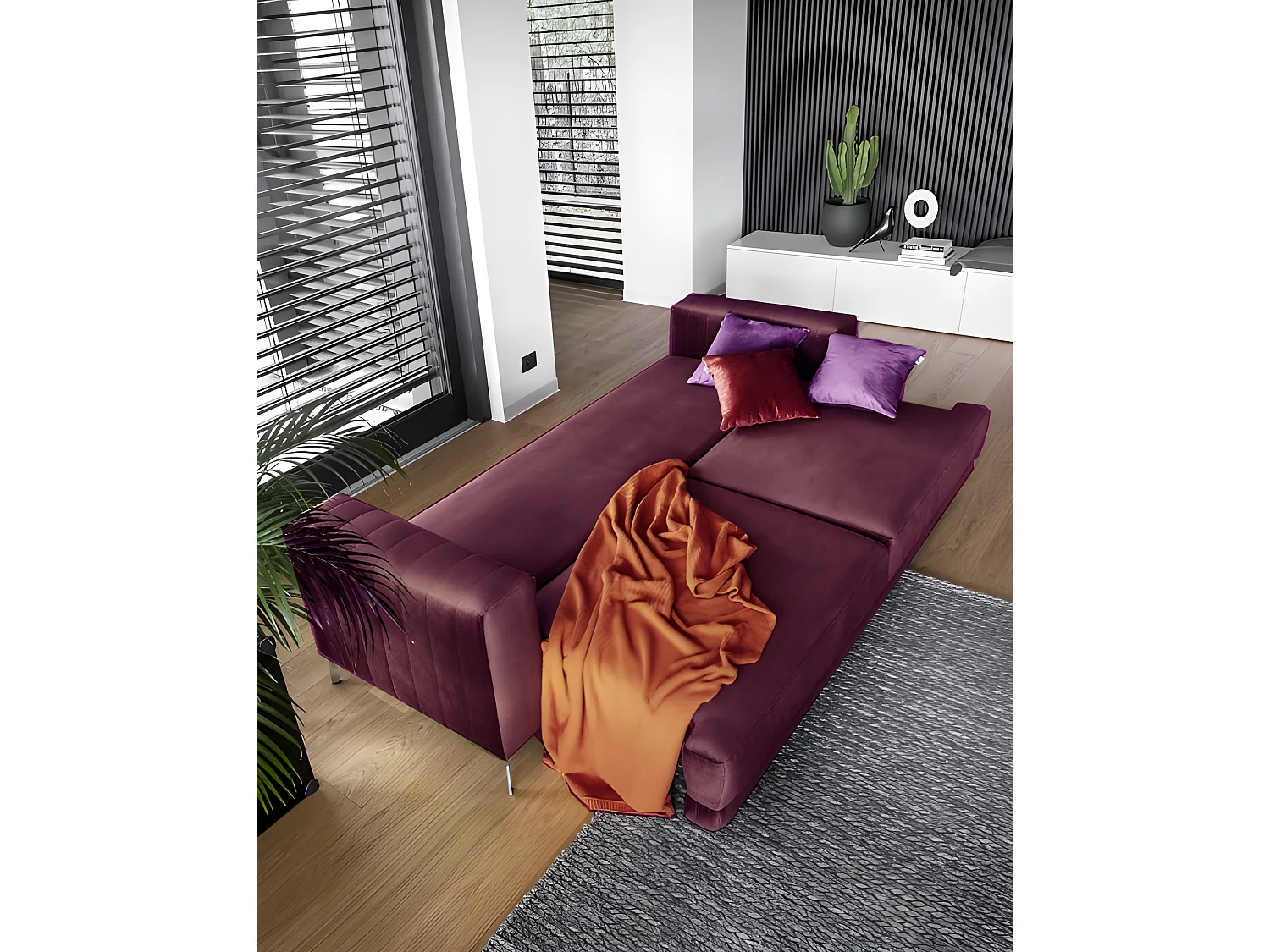 Canapé 3/4 places convertible et espace de rangement - bordeaux - en tissu de qualité luxe, ELSA