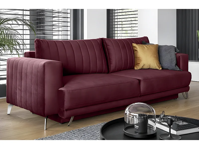 Canapé 3/4 places convertible et espace de rangement - bordeaux - en tissu de qualité luxe, ELSA