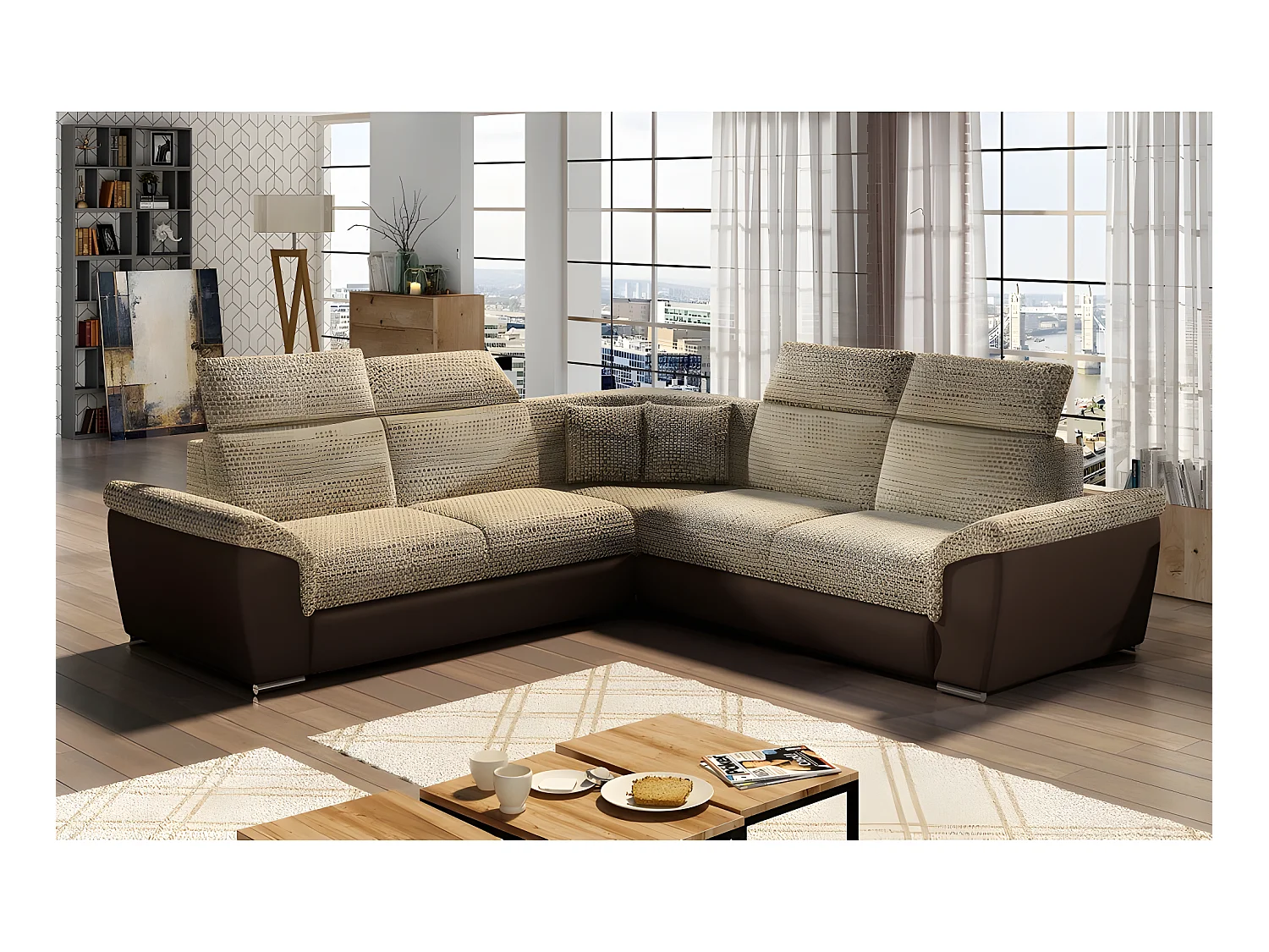 Canapé d'angle - convertible - FELIPE - en tissu beige et simili cuir chocolat, 5/6 places
