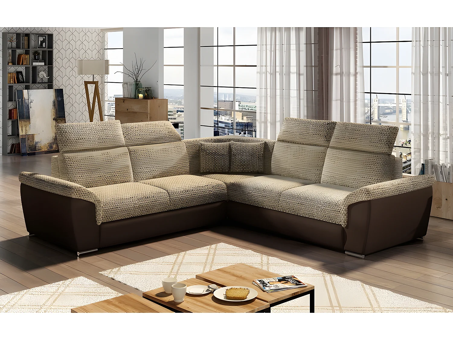 Canapé d'angle - convertible - FELIPE - en tissu beige et simili cuir chocolat, 5/6 places