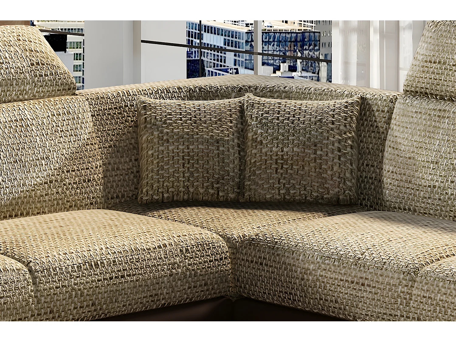 Canapé d'angle - convertible - FELIPE - en tissu beige et simili cuir chocolat, 5/6 places