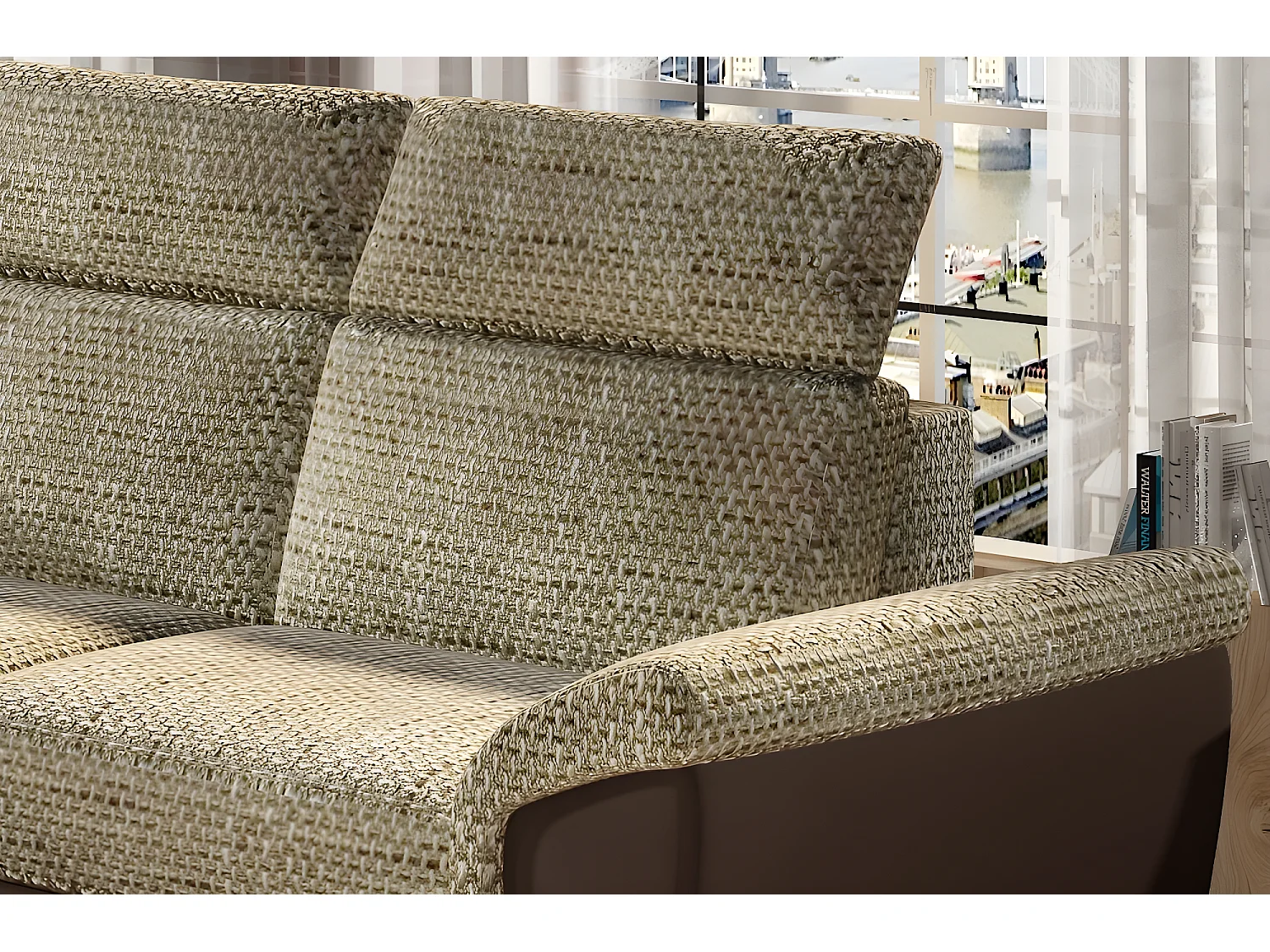 Canapé d'angle - convertible - FELIPE - en tissu beige et simili cuir chocolat, 5/6 places