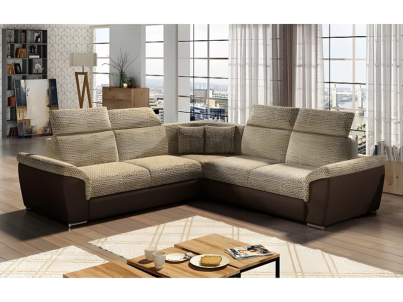 Canapé d'angle - convertible - FELIPE - en tissu beige et simili cuir chocolat, 5/6 places