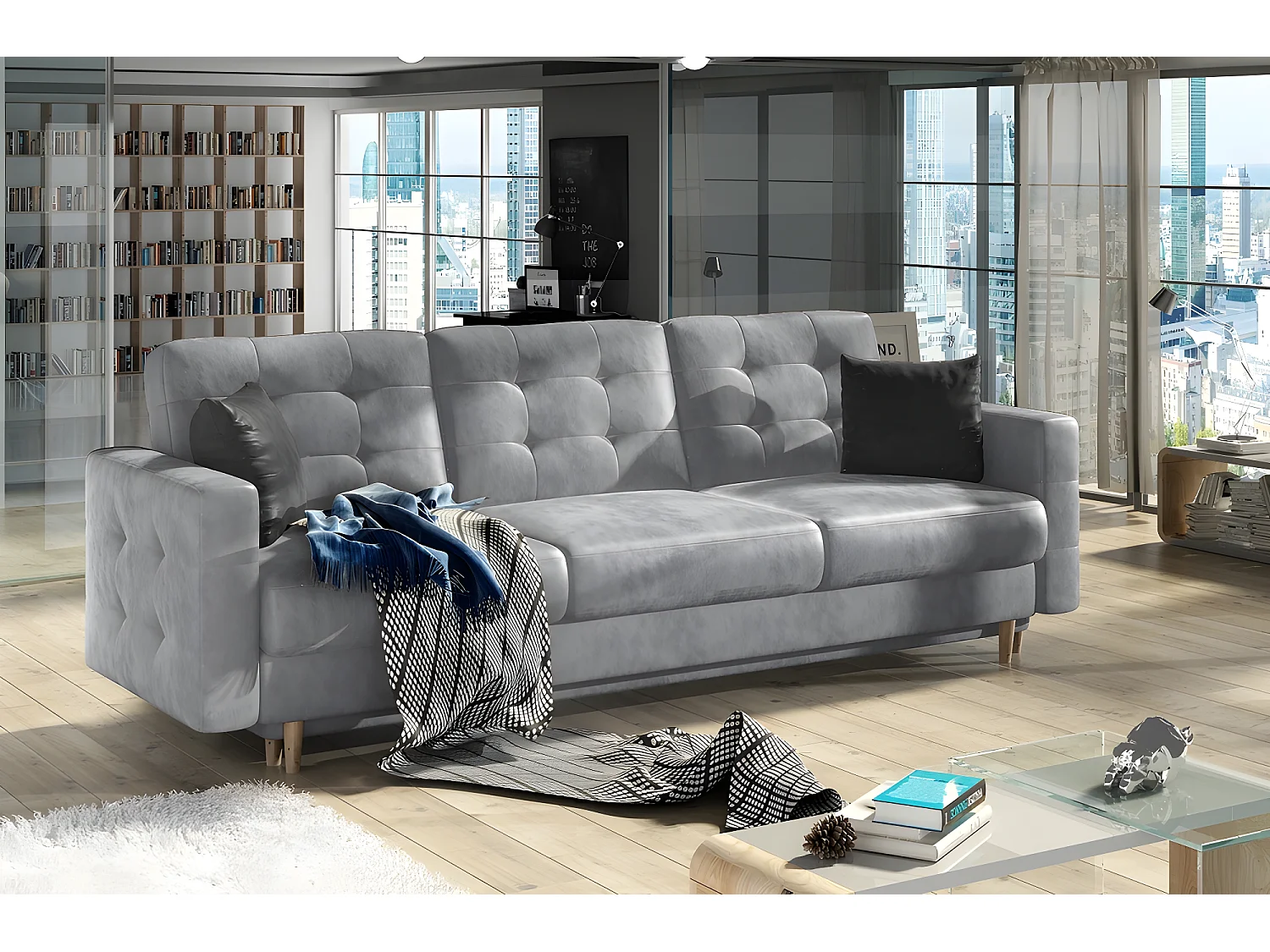 Canapé 3 places convertible - en tissu velours de qualité gris, ASVENA VELOURS