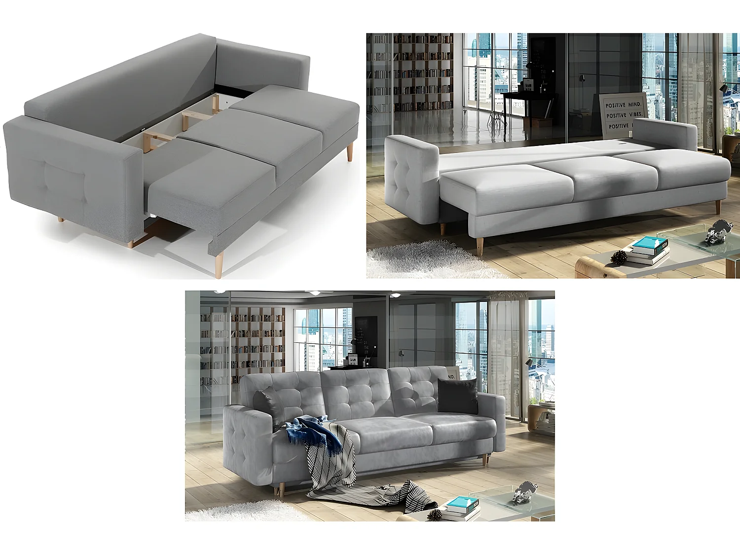 Canapé 3 places convertible - en tissu velours de qualité gris, ASVENA VELOURS