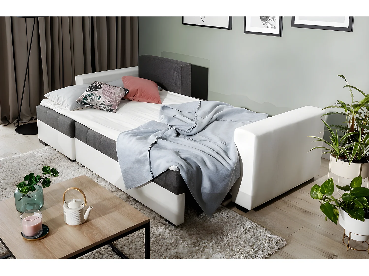 Canapé d'angle convertible en tissu luxe gris foncé et simili cuir blanc, 5 places, avec coffre, angle gauche (vu de face), NESTOR