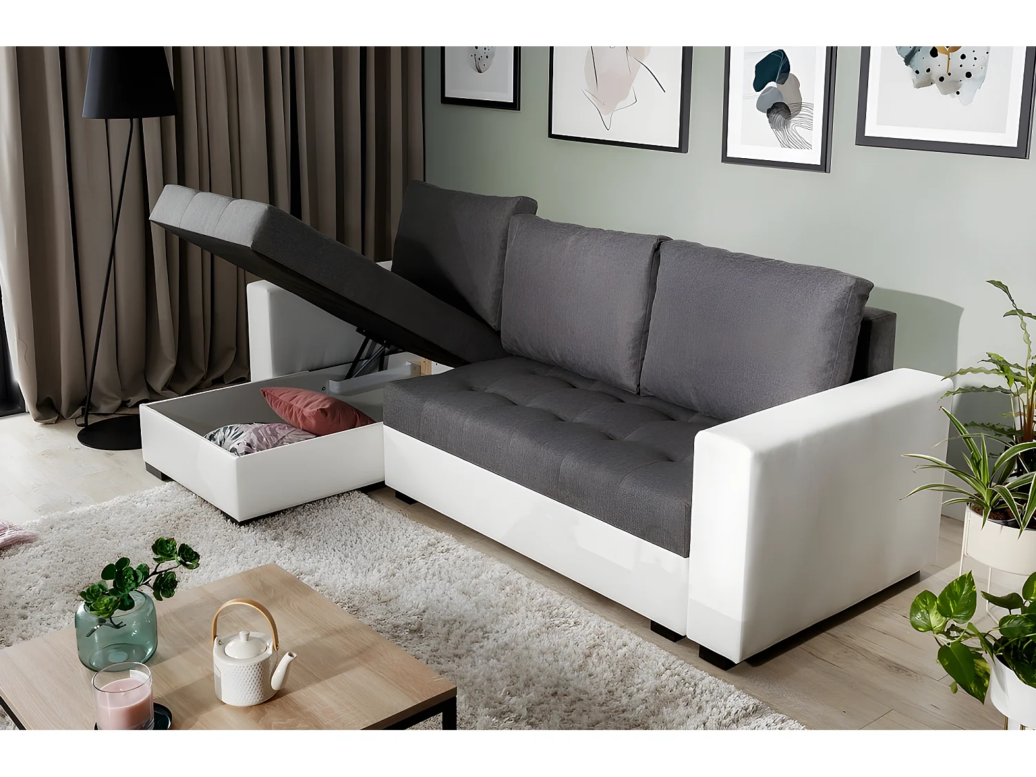 Canapé d'angle convertible en tissu luxe gris foncé et simili cuir blanc, 5 places, avec coffre, angle gauche (vu de face), NESTOR