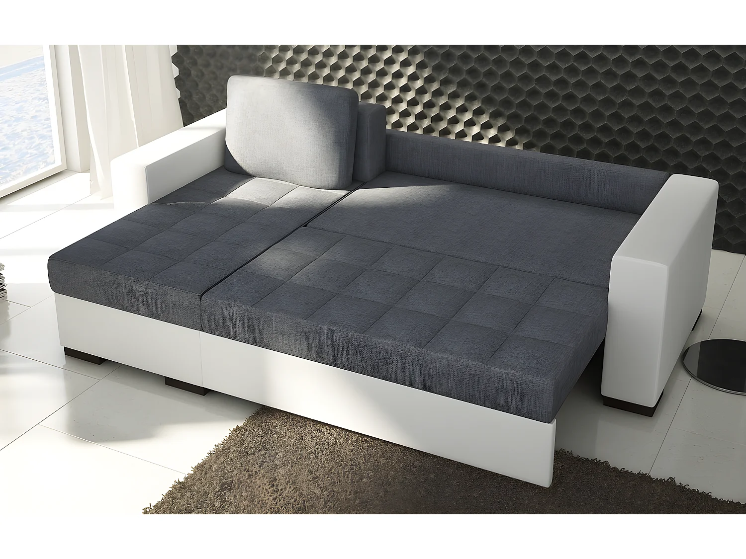 Canapé d'angle convertible en tissu luxe gris foncé et simili cuir blanc, 5 places, avec coffre, angle gauche (vu de face), NESTOR