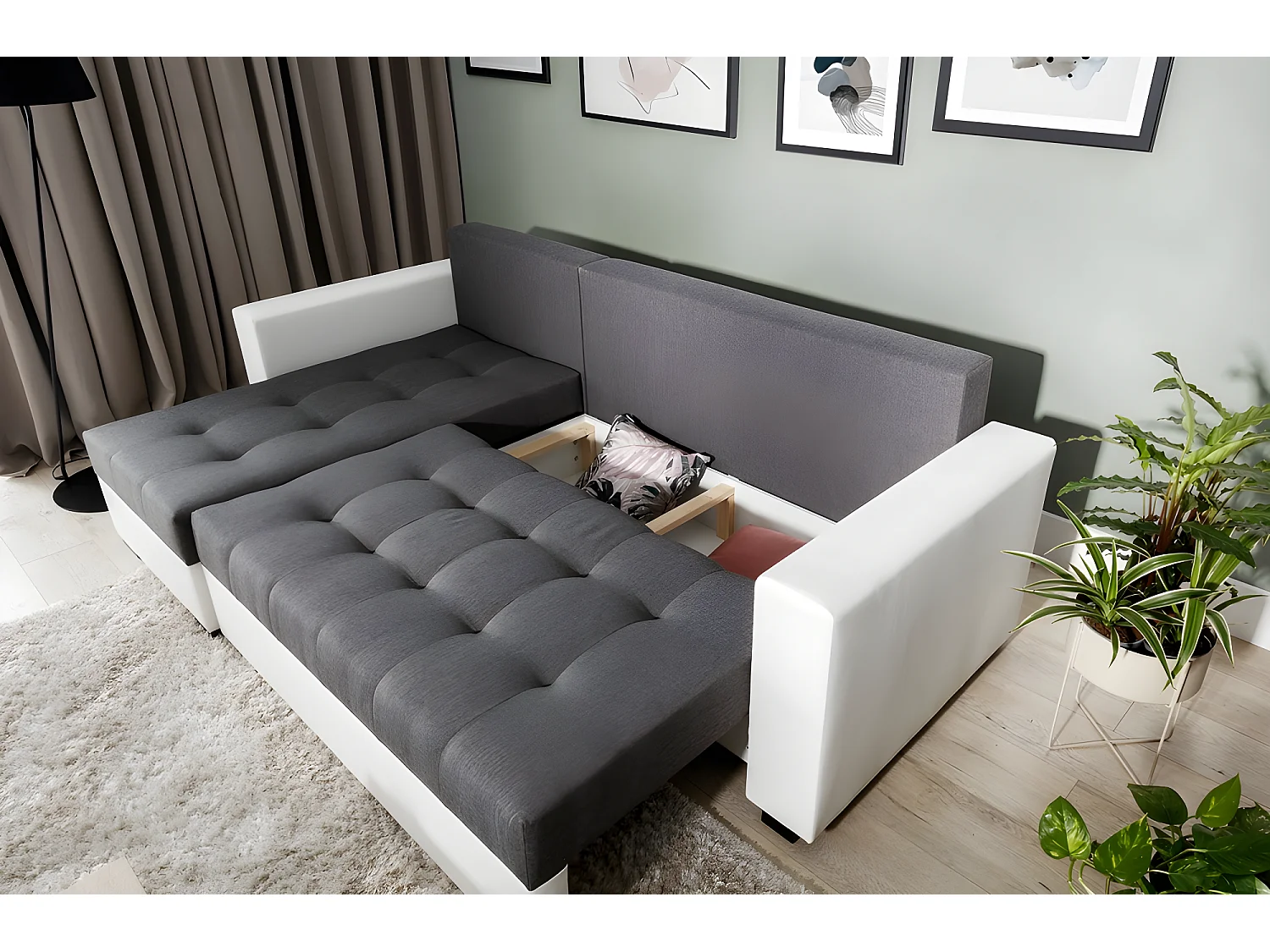 Canapé d'angle convertible en tissu luxe gris foncé et simili cuir blanc, 5 places, avec coffre, angle gauche (vu de face), NESTOR