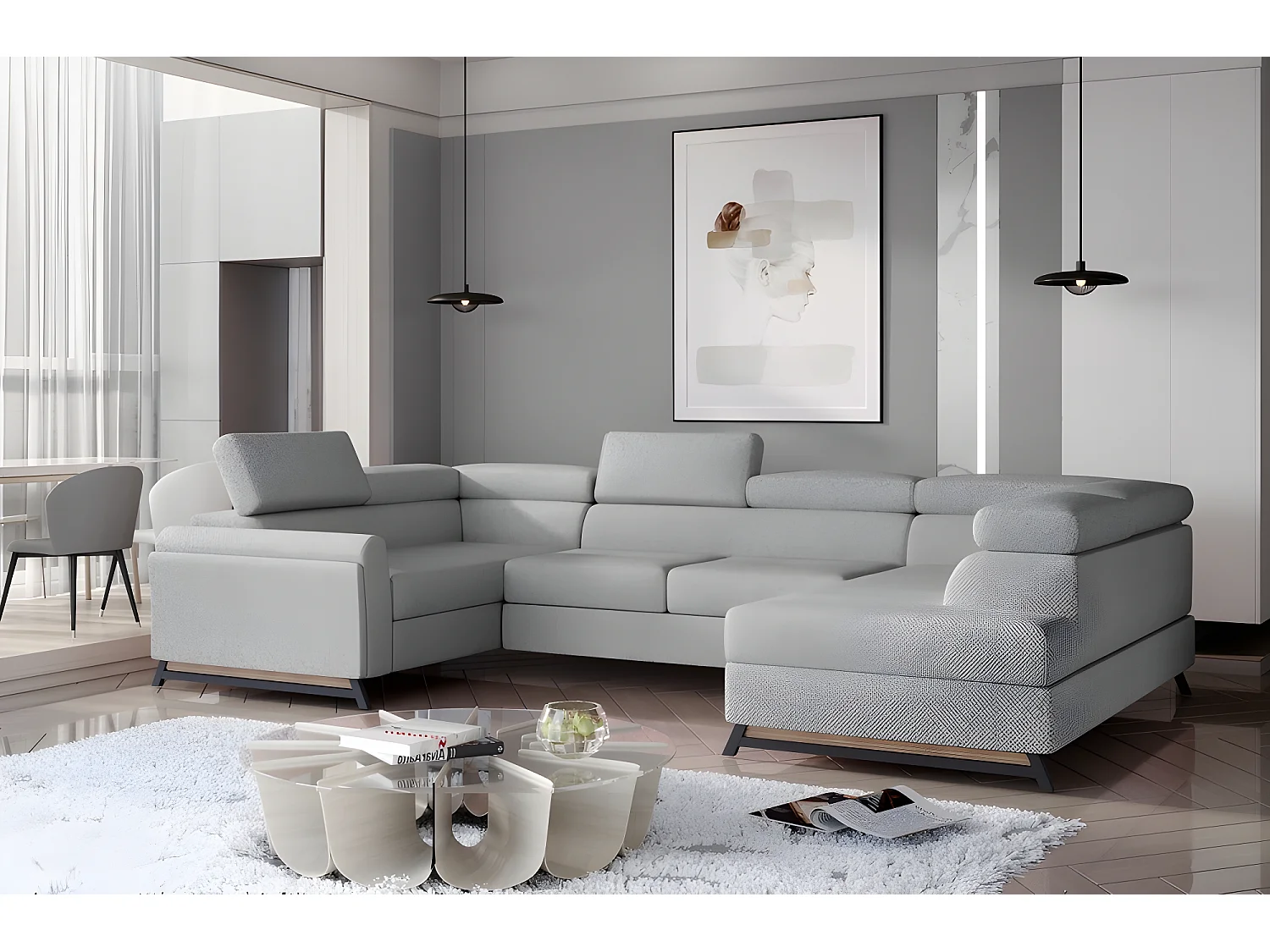 Canapé panoramique convertible - ESTEBAN - en tissu prestige luxe gris,  7 places, partie sans accoudoir à droite (vu de face)