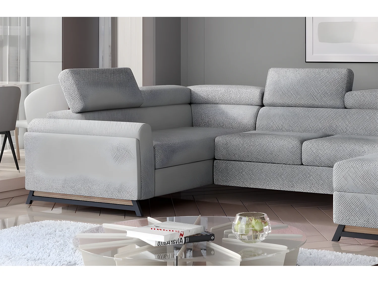 Canapé panoramique convertible - ESTEBAN - en tissu prestige luxe gris,  7 places, partie sans accoudoir à droite (vu de face)