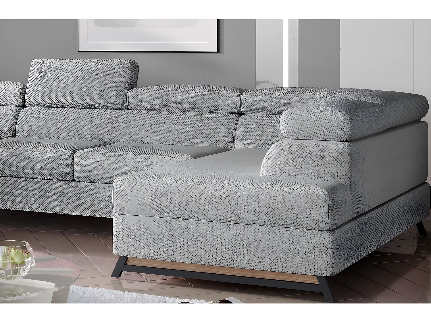 Canapé panoramique convertible - ESTEBAN - en tissu prestige luxe gris,  7 places, partie sans accoudoir à droite (vu de face)