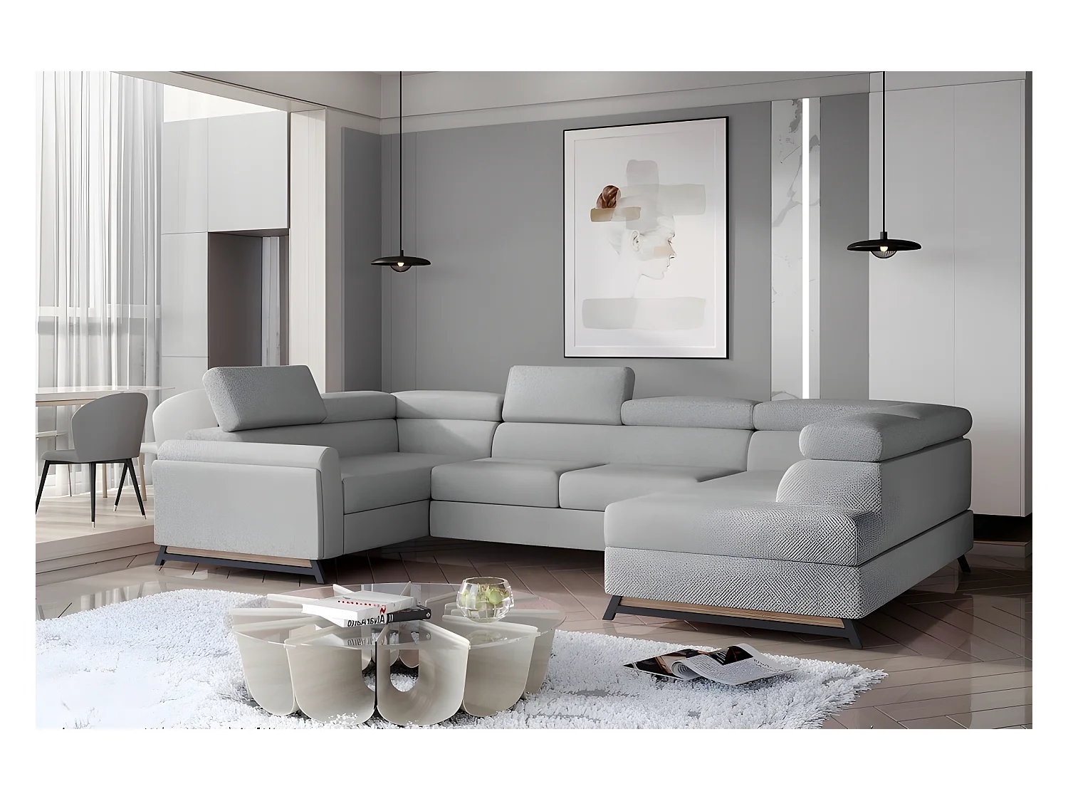 Canapé panoramique convertible - ESTEBAN - en tissu prestige luxe gris,  7 places, partie sans accoudoir à droite (vu de face)