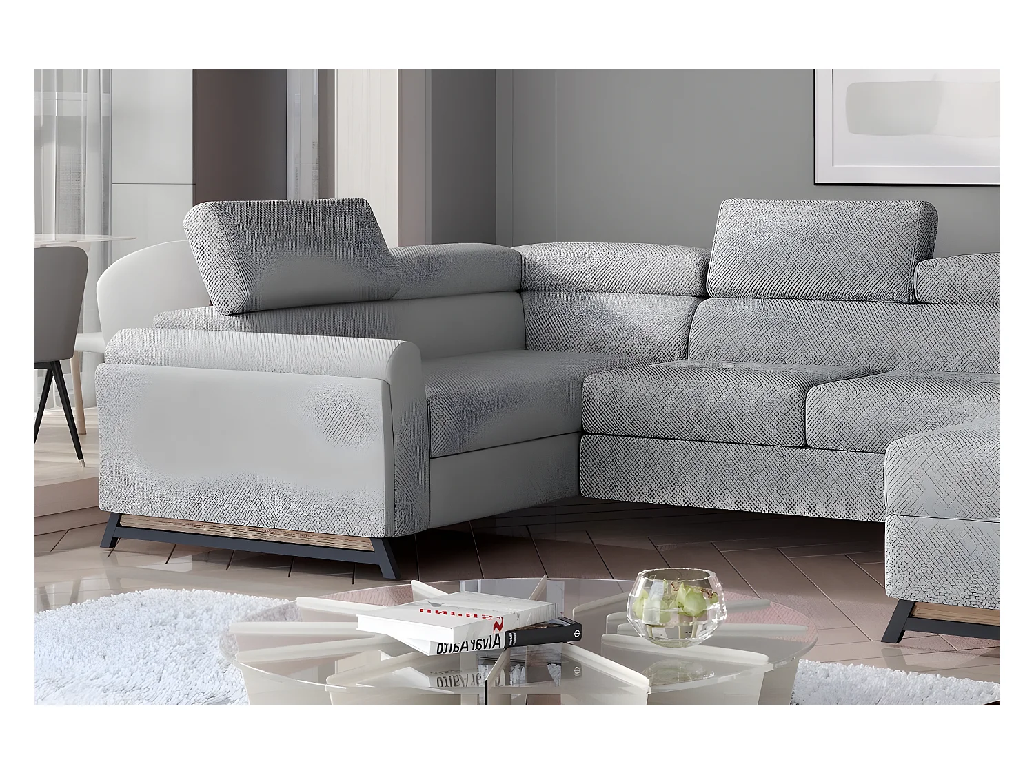 Canapé panoramique convertible - ESTEBAN - en tissu prestige luxe gris,  7 places, partie sans accoudoir à droite (vu de face)