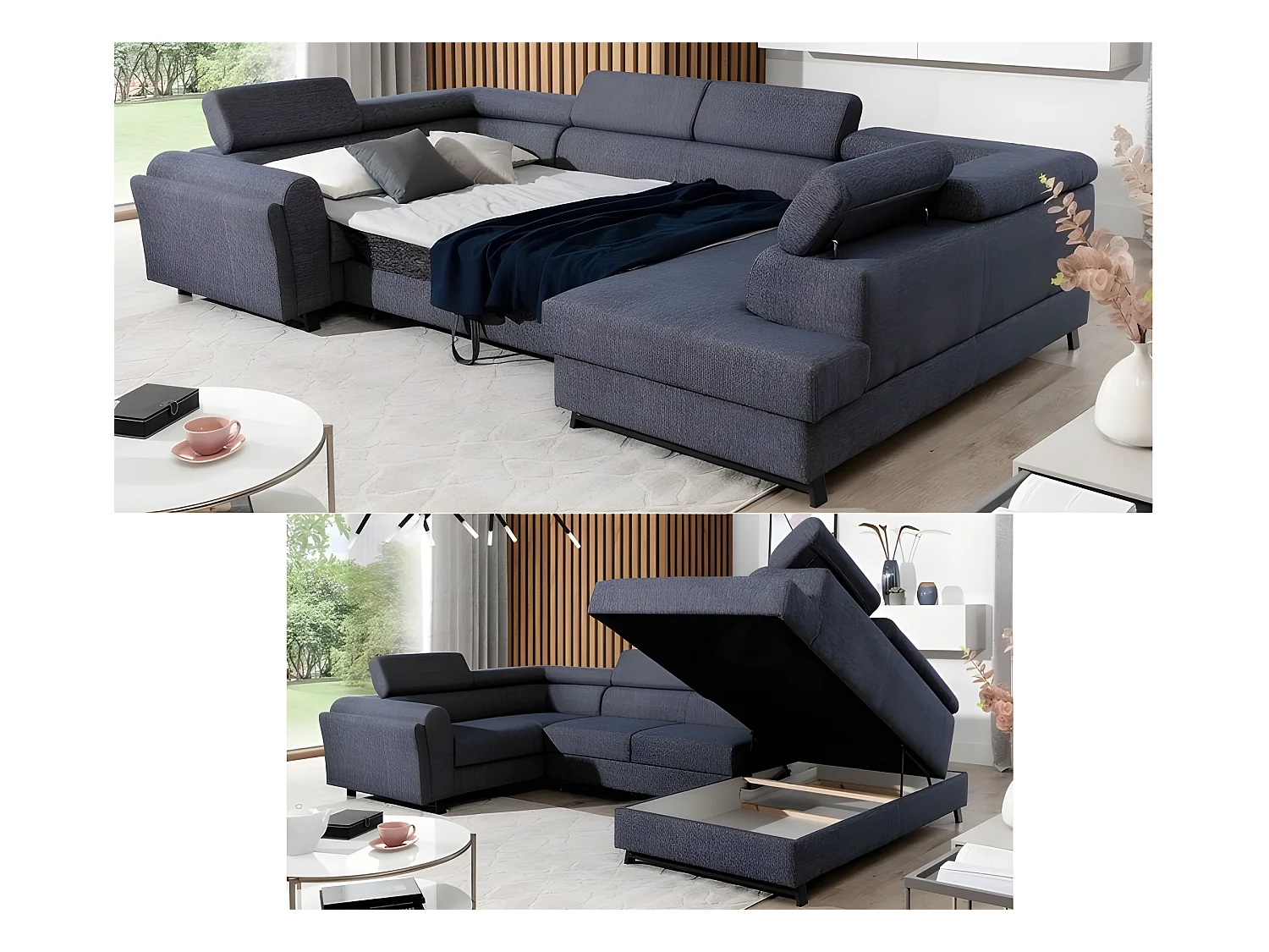 Canapé panoramique convertible - ESTEBAN - en tissu prestige luxe gris,  7 places, partie sans accoudoir à droite (vu de face)