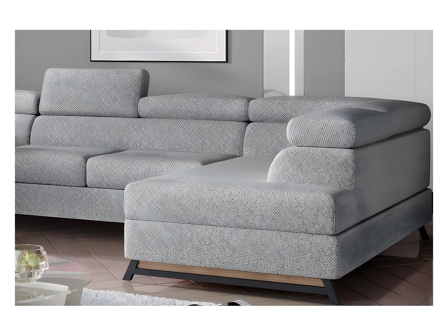 Canapé panoramique convertible - ESTEBAN - en tissu prestige luxe gris,  7 places, partie sans accoudoir à droite (vu de face)