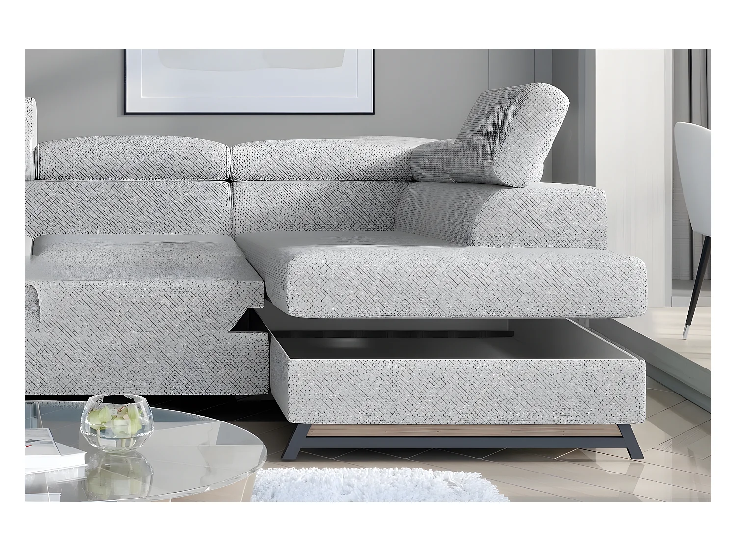 Canapé panoramique convertible - ESTEBAN - en tissu prestige luxe gris,  7 places, partie sans accoudoir à droite (vu de face)