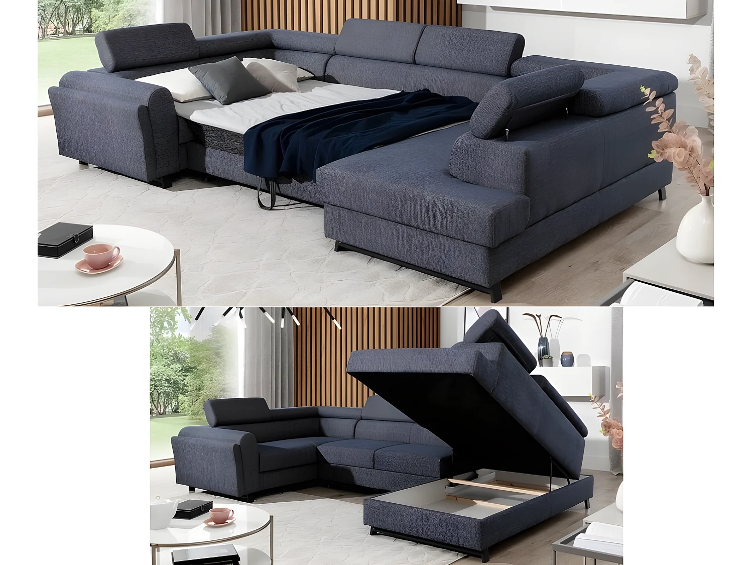 Canapé panoramique convertible - ESTEBAN - en tissu prestige luxe gris,  7 places, partie sans accoudoir à droite (vu de face)