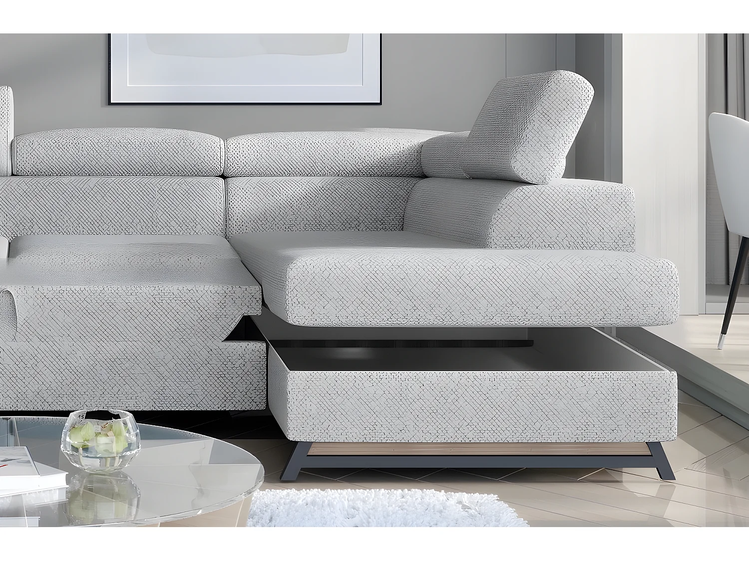 Canapé panoramique convertible - ESTEBAN - en tissu prestige luxe gris,  7 places, partie sans accoudoir à droite (vu de face)