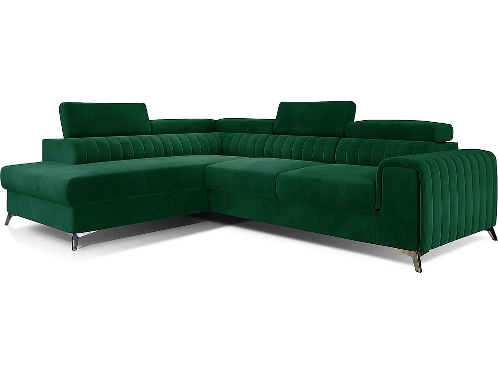 Canapé d'angle convertible - LARRY VELOURS - en tissu Luxe vert, 5 places, angle gauche (vu de face)