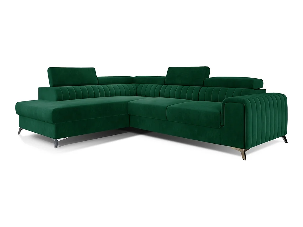 Canapé d'angle convertible - LARRY VELOURS - en tissu Luxe vert, 5 places, angle gauche (vu de face)