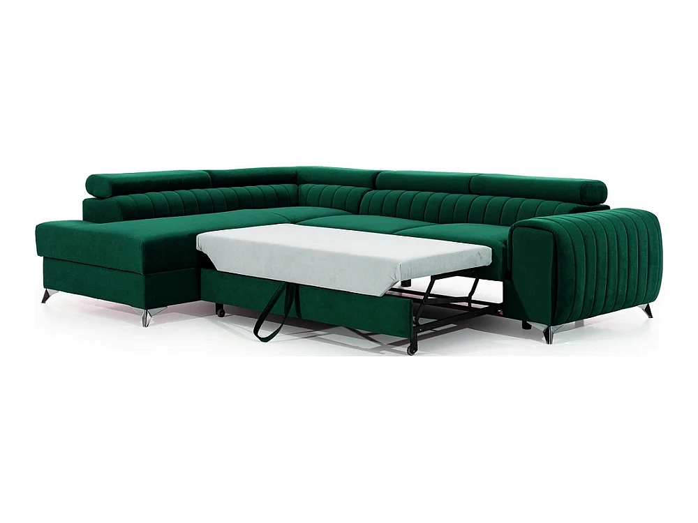 Canapé d'angle convertible - LARRY VELOURS - en tissu Luxe vert, 5 places, angle gauche (vu de face)