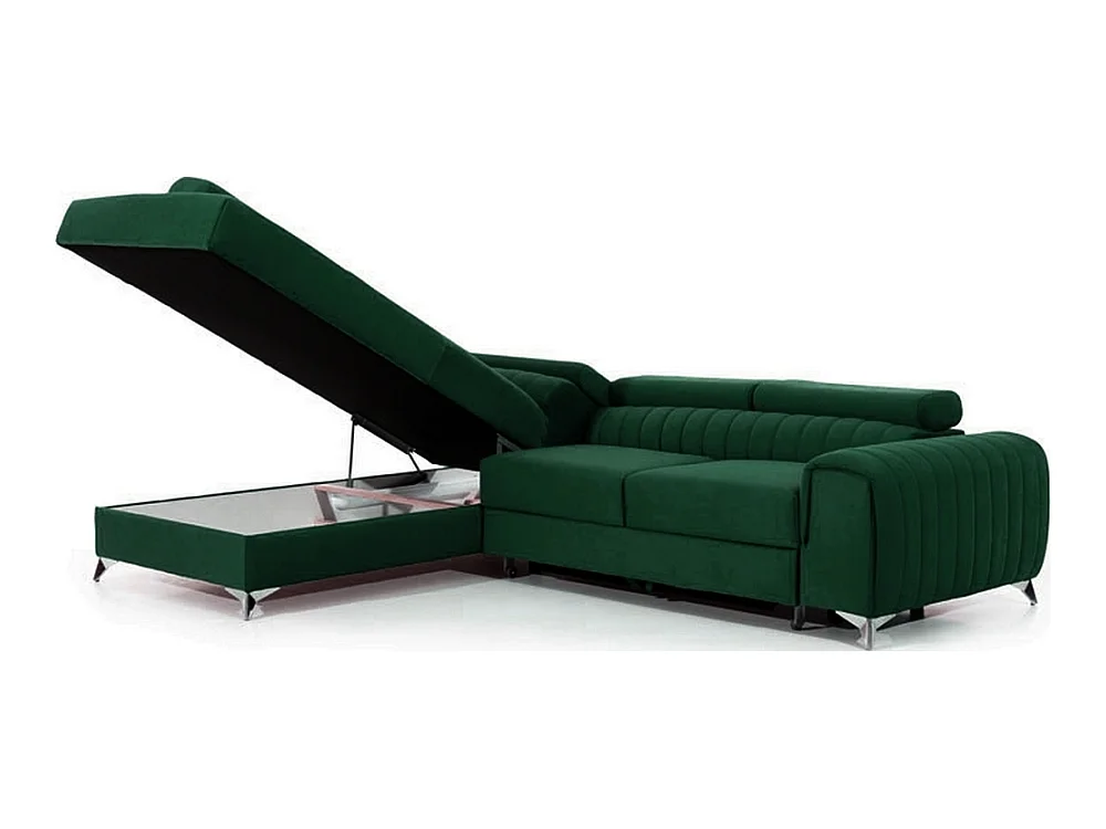 Canapé d'angle convertible - LARRY VELOURS - en tissu Luxe vert, 5 places, angle gauche (vu de face)