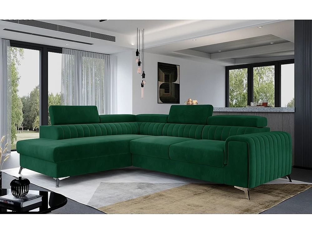Canapé d'angle convertible - LARRY VELOURS - en tissu Luxe vert, 5 places, angle gauche (vu de face)