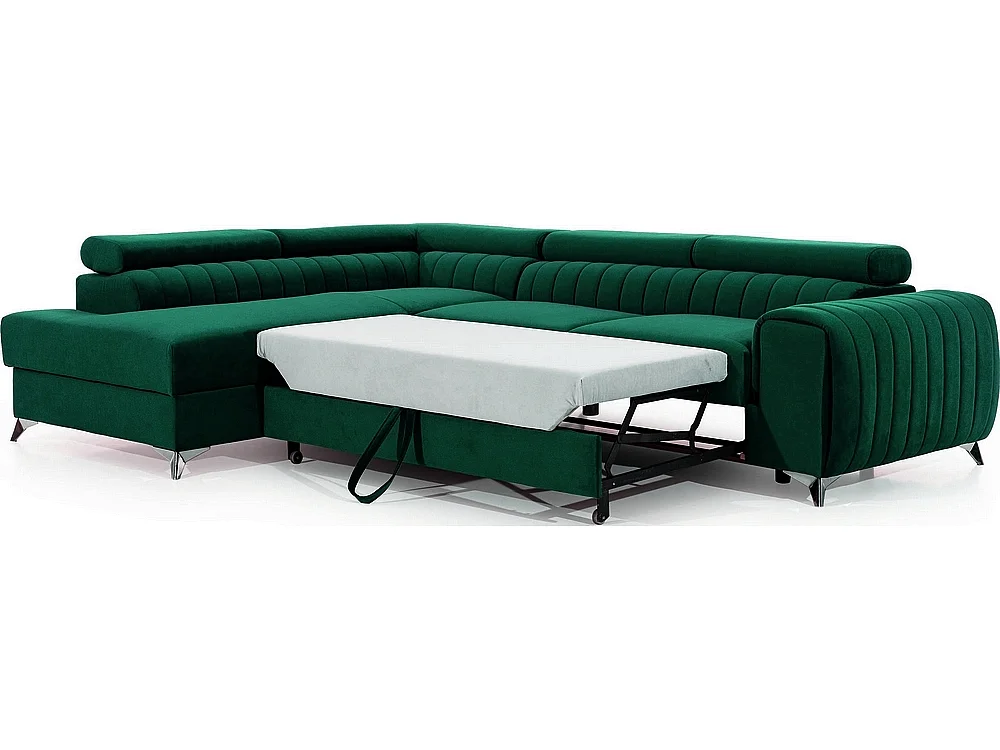 Canapé d'angle convertible - LARRY VELOURS - en tissu Luxe vert, 5 places, angle gauche (vu de face)