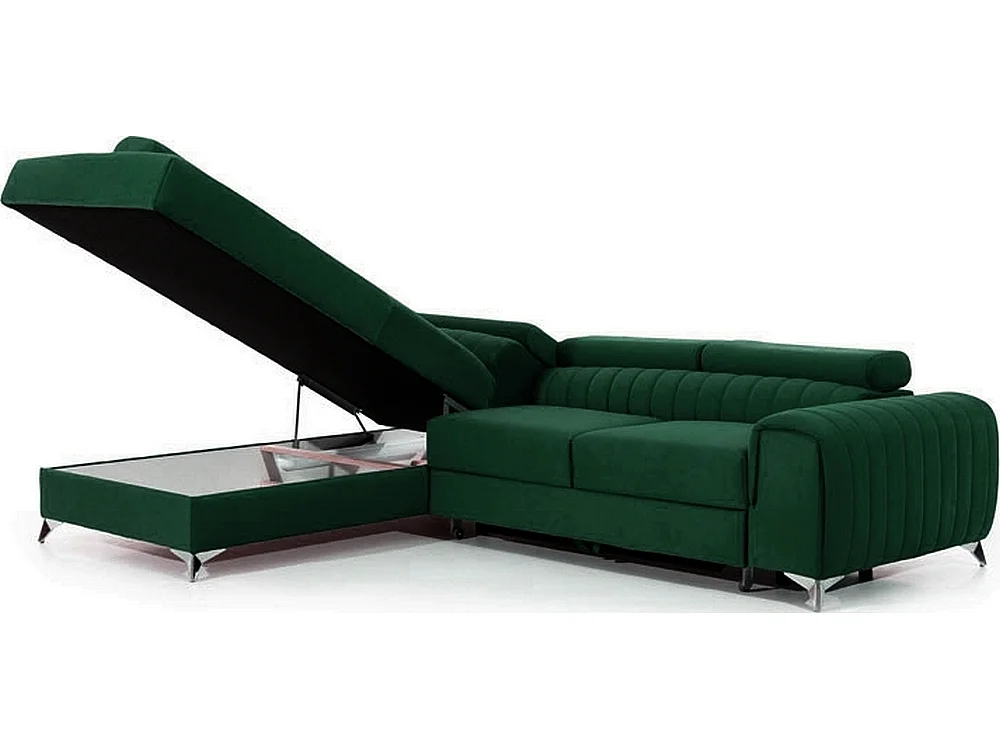 Canapé d'angle convertible - LARRY VELOURS - en tissu Luxe vert, 5 places, angle gauche (vu de face)