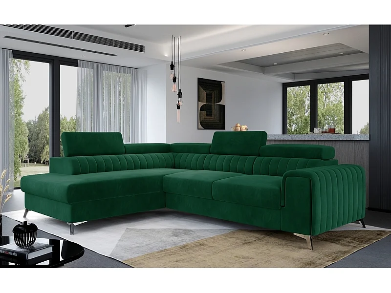 Canapé d'angle convertible - LARRY VELOURS - en tissu Luxe vert, 5 places, angle gauche (vu de face)