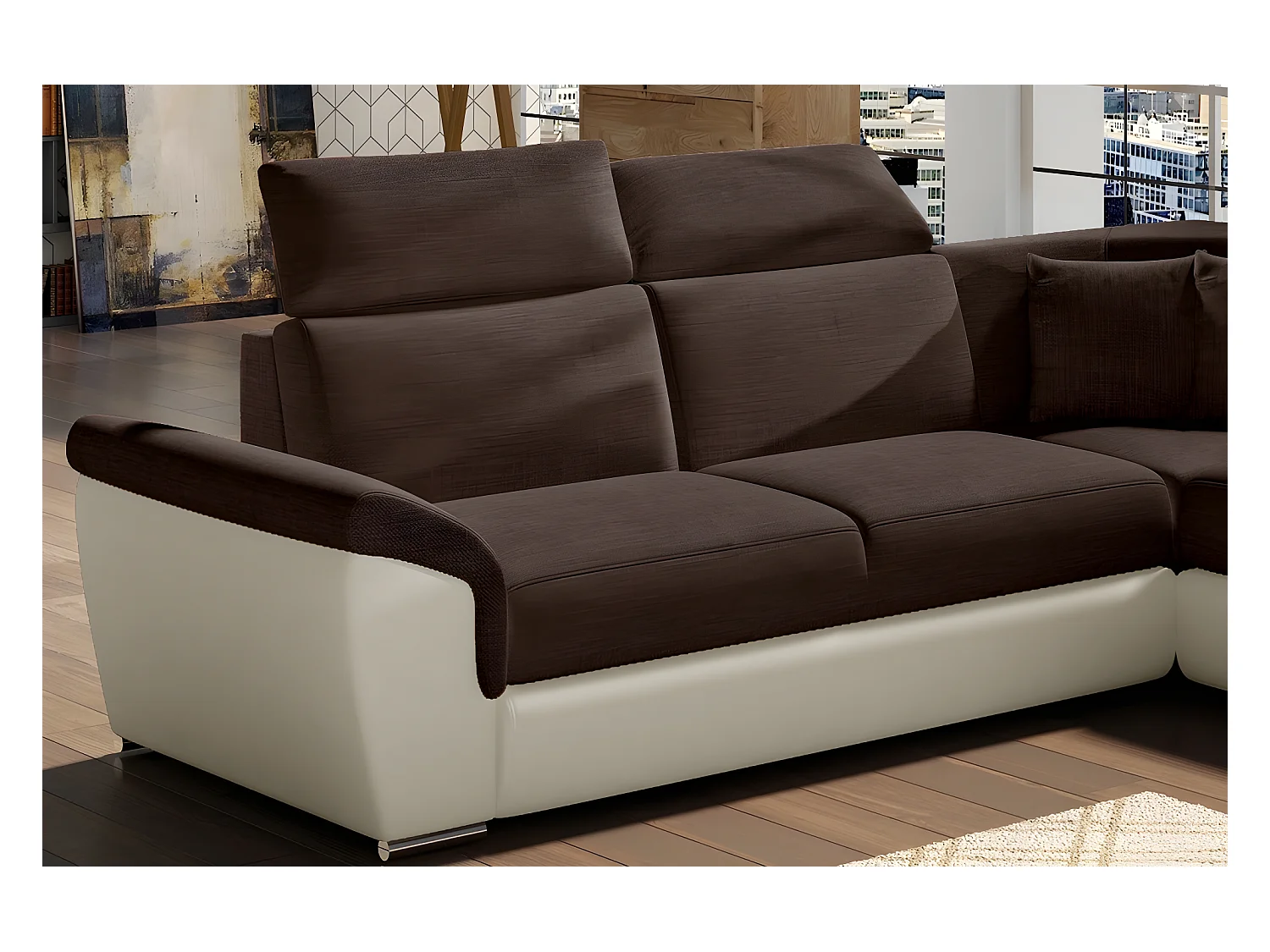 Hoekslaapbank FELIPE in chocoladebruine stof en ecru kunstleer, met opberglade en verstelbare hoofdsteunen, 5/6 plaatsen