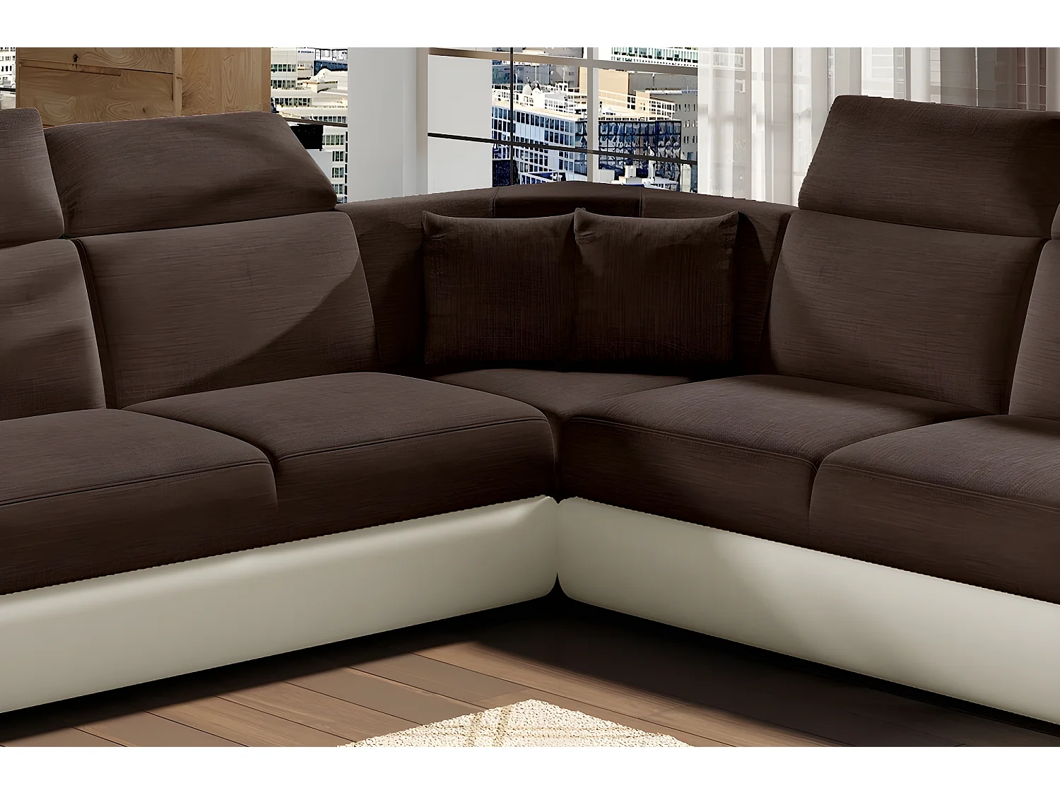 Hoekslaapbank FELIPE in chocoladebruine stof en ecru kunstleer, met opberglade en verstelbare hoofdsteunen, 5/6 plaatsen