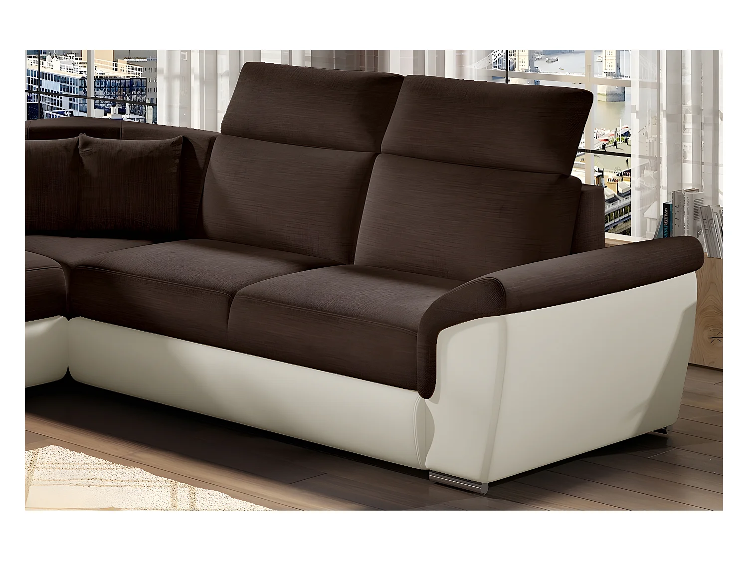 Canapé d'angle - convertible - FELIPE - en tissu chocolat et simili cuir écru, 5/6 places