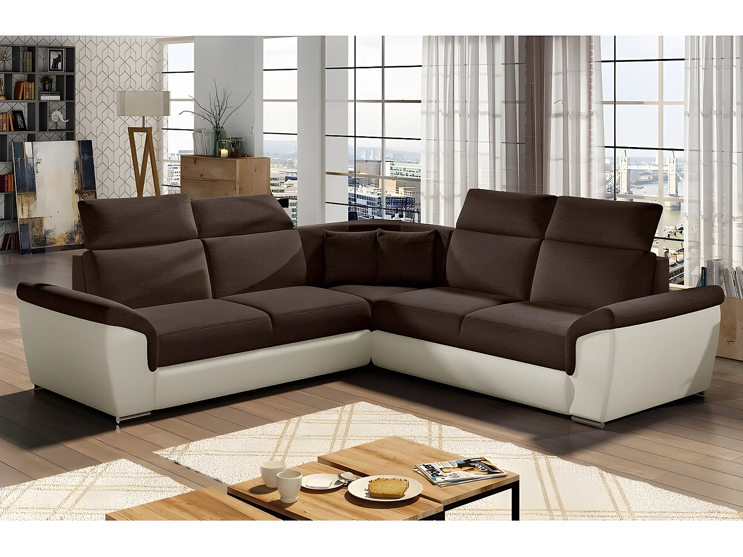 Canapé d'angle - convertible - FELIPE - en tissu chocolat et simili cuir écru, 5/6 places